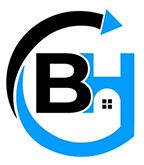 A blue and black logo for the b & h group.